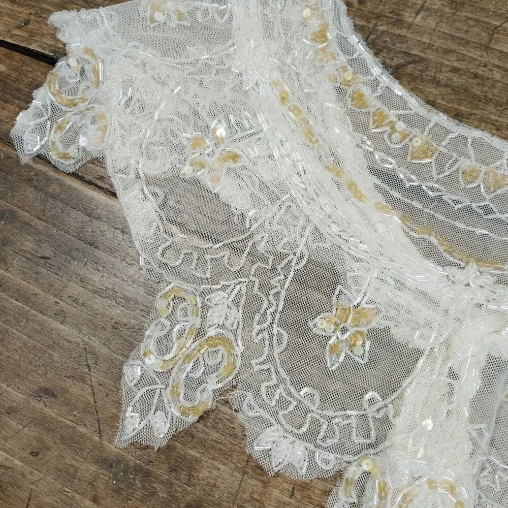 Vintage Victorian Lace Beaded Shawl Shrug Wrap Cream Old Hollywood Glamour Movie